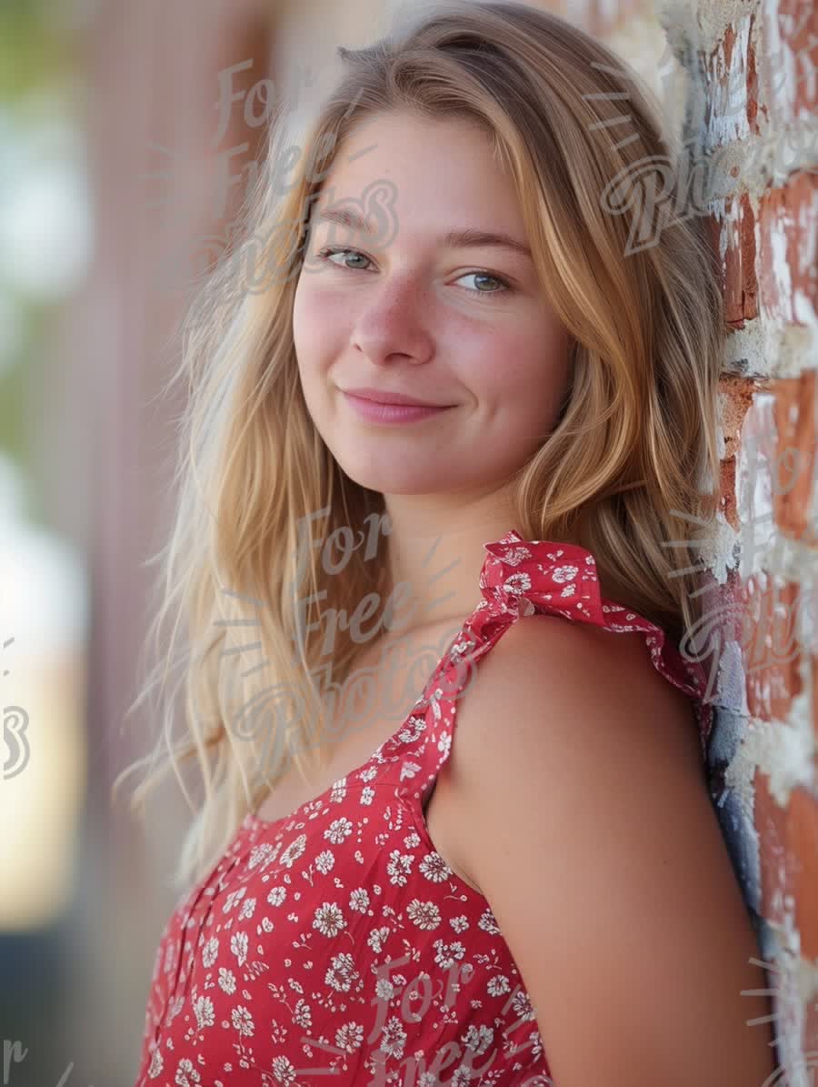 Natural Beauty Portrait of Young Woman in Floral Dress Against Rustic Brick Wall