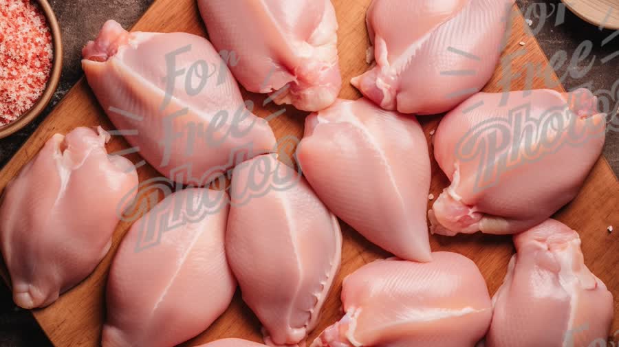 Fresh Raw Chicken Breasts on Wooden Cutting Board with Sea Salt