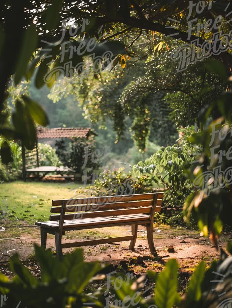 Tranquil Garden Bench Surrounded by Lush Greenery and Soft Light