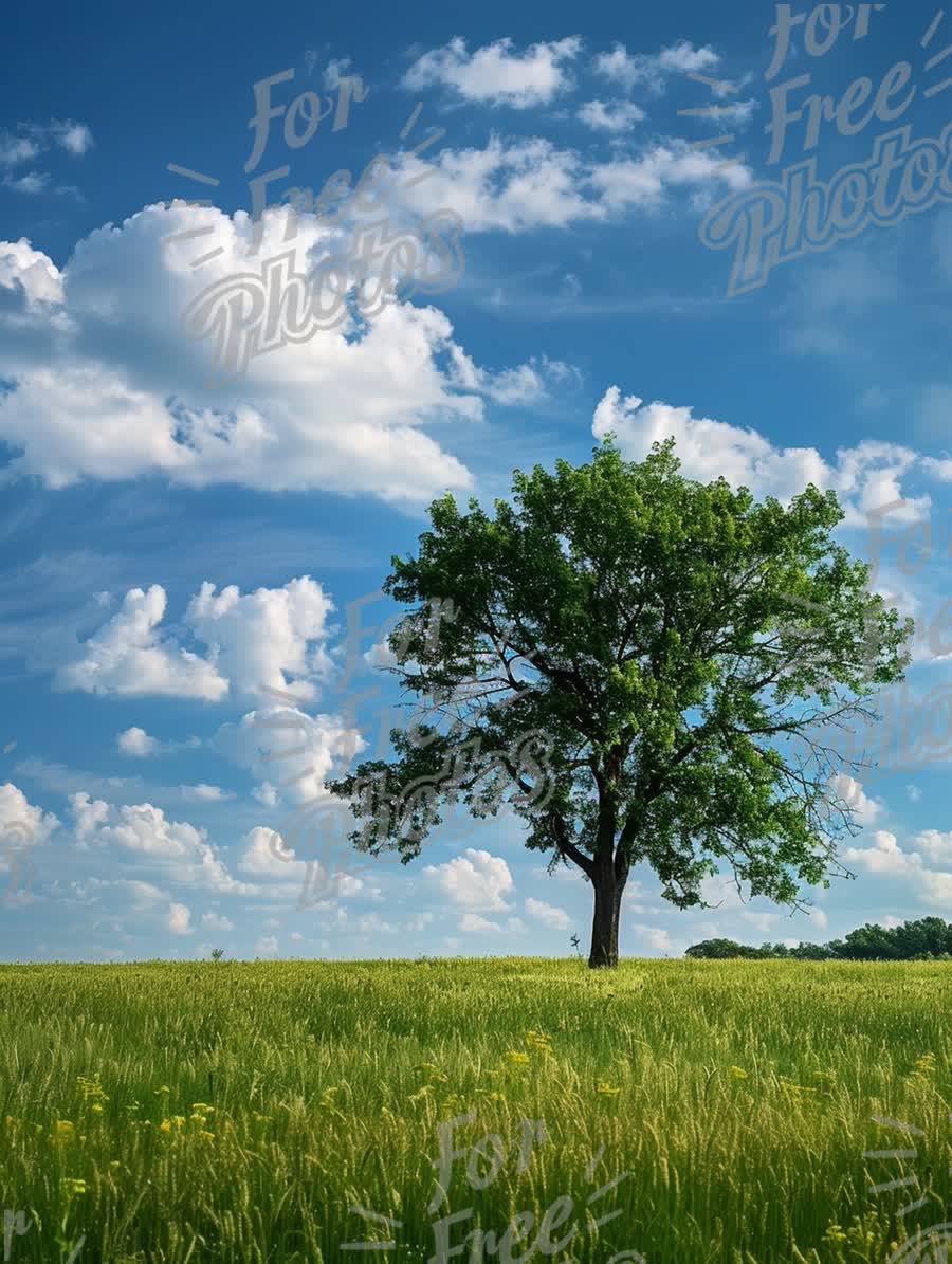 Solitary Tree in Lush Green Field Under Blue Sky with Fluffy Clouds