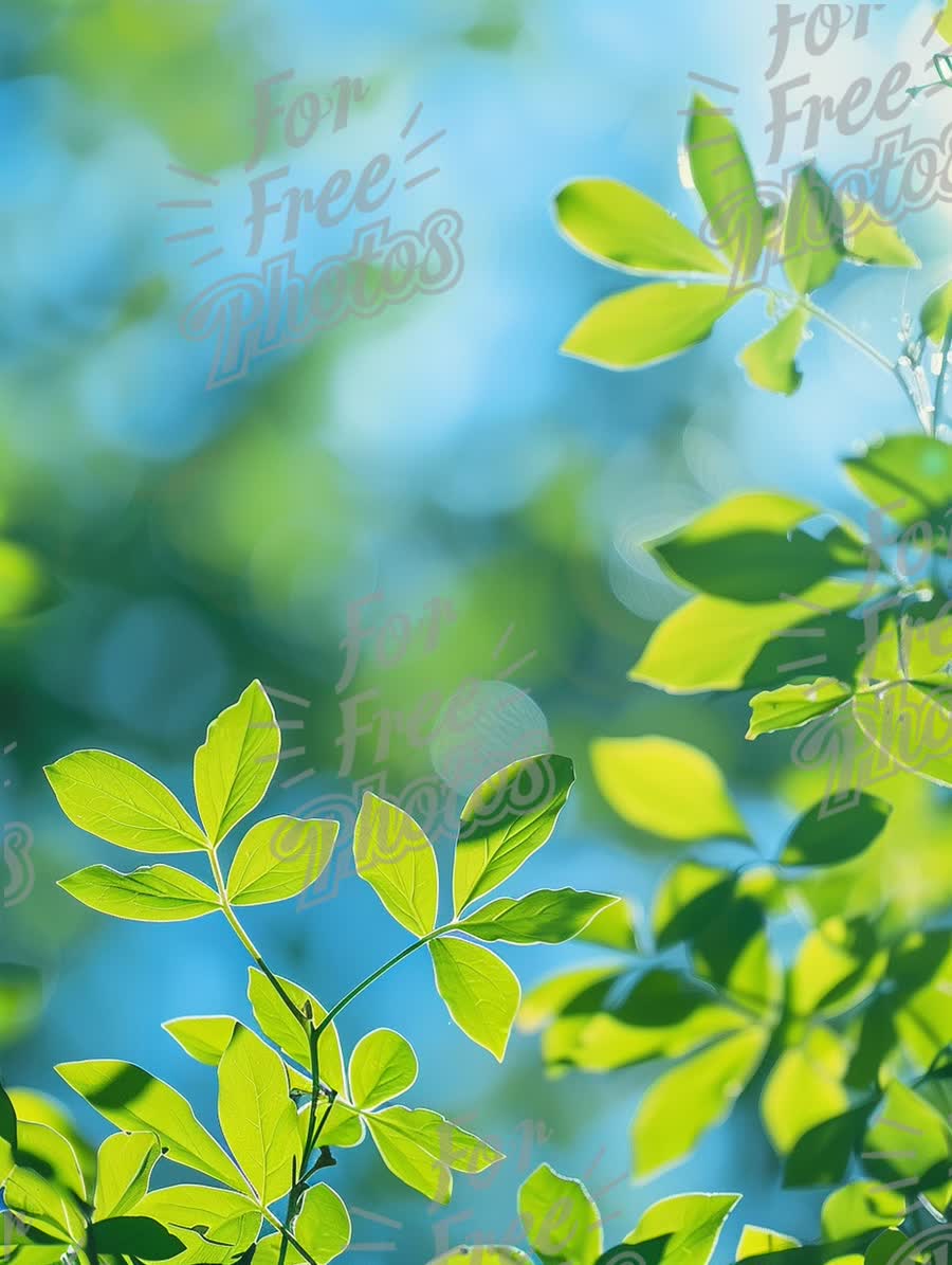 Vibrant Green Leaves Against a Soft Blue Background - Nature's Serenity