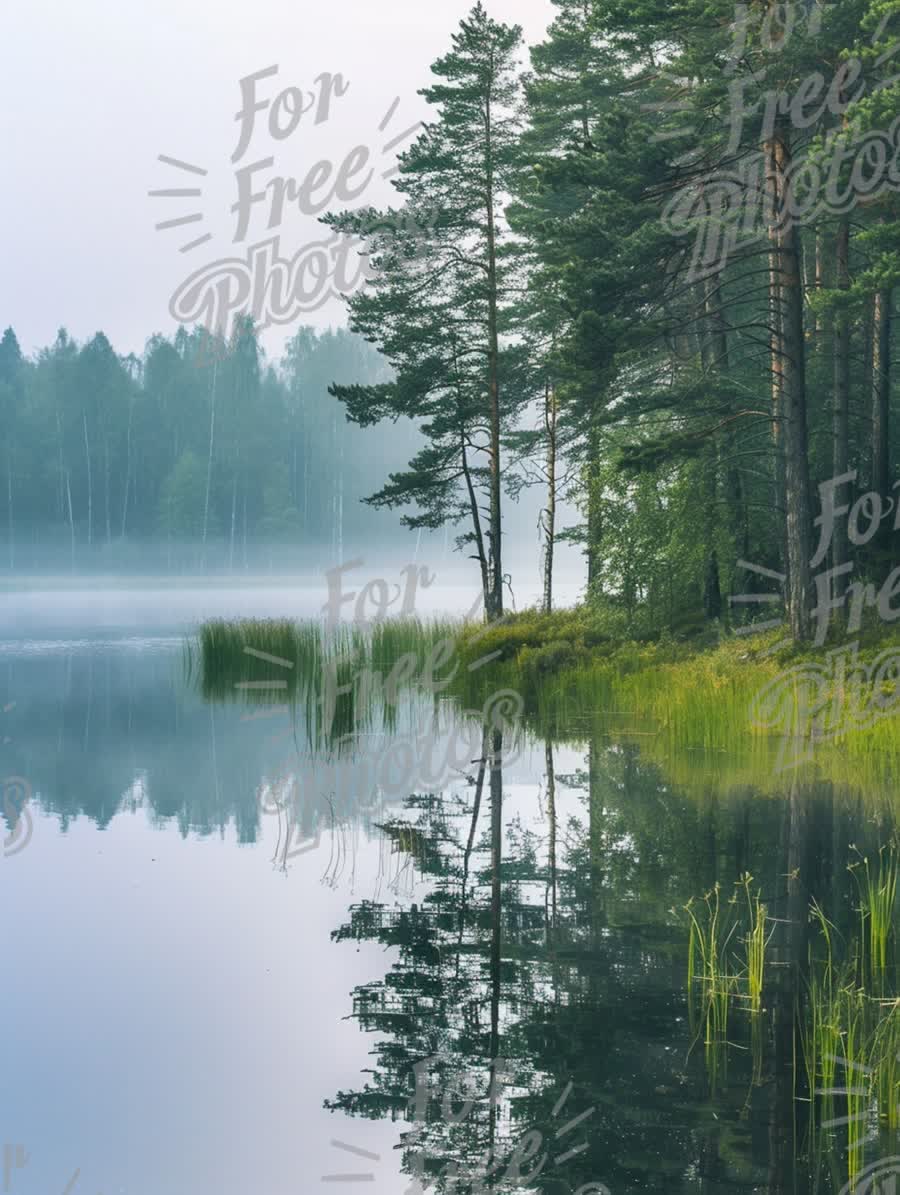 Tranquil Misty Lake with Reflections of Pine Trees and Lush Greenery