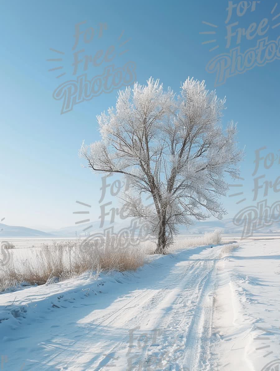 Serene Winter Landscape with Frost-Covered Tree and Snowy Path