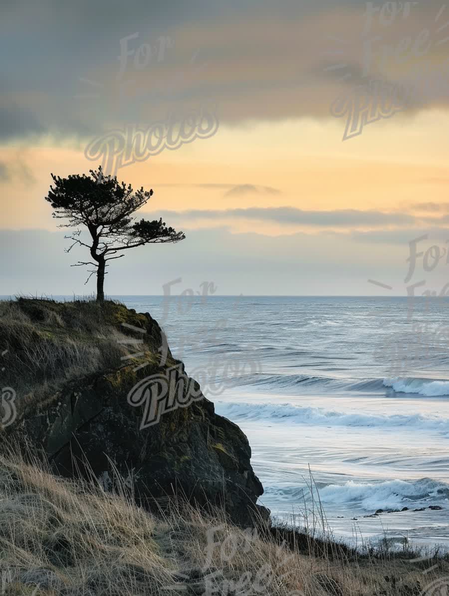 Solitary Tree on Rocky Coastline at Sunset - Tranquil Seascape