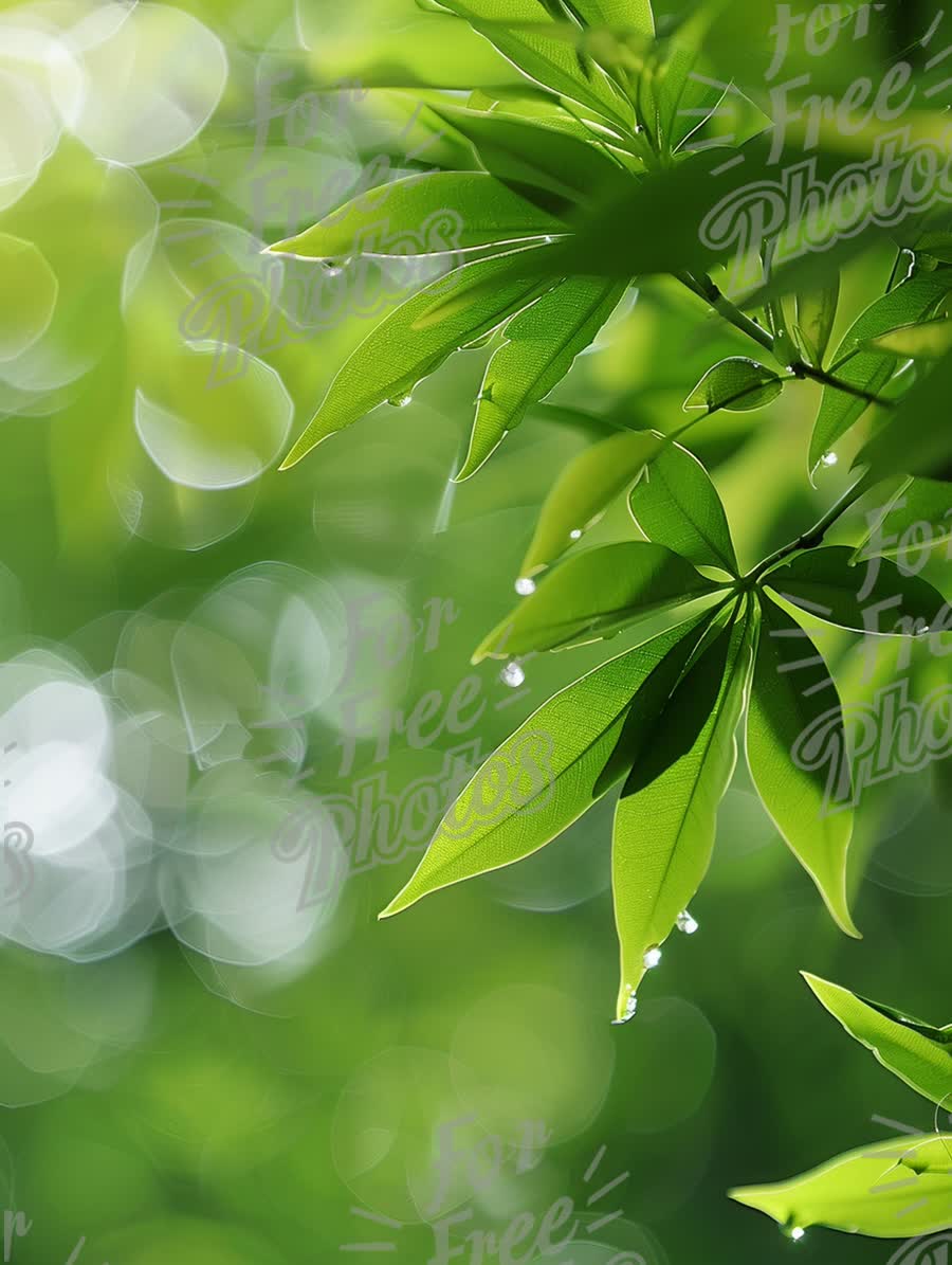 Fresh Green Leaves with Water Drops and Soft Bokeh Background