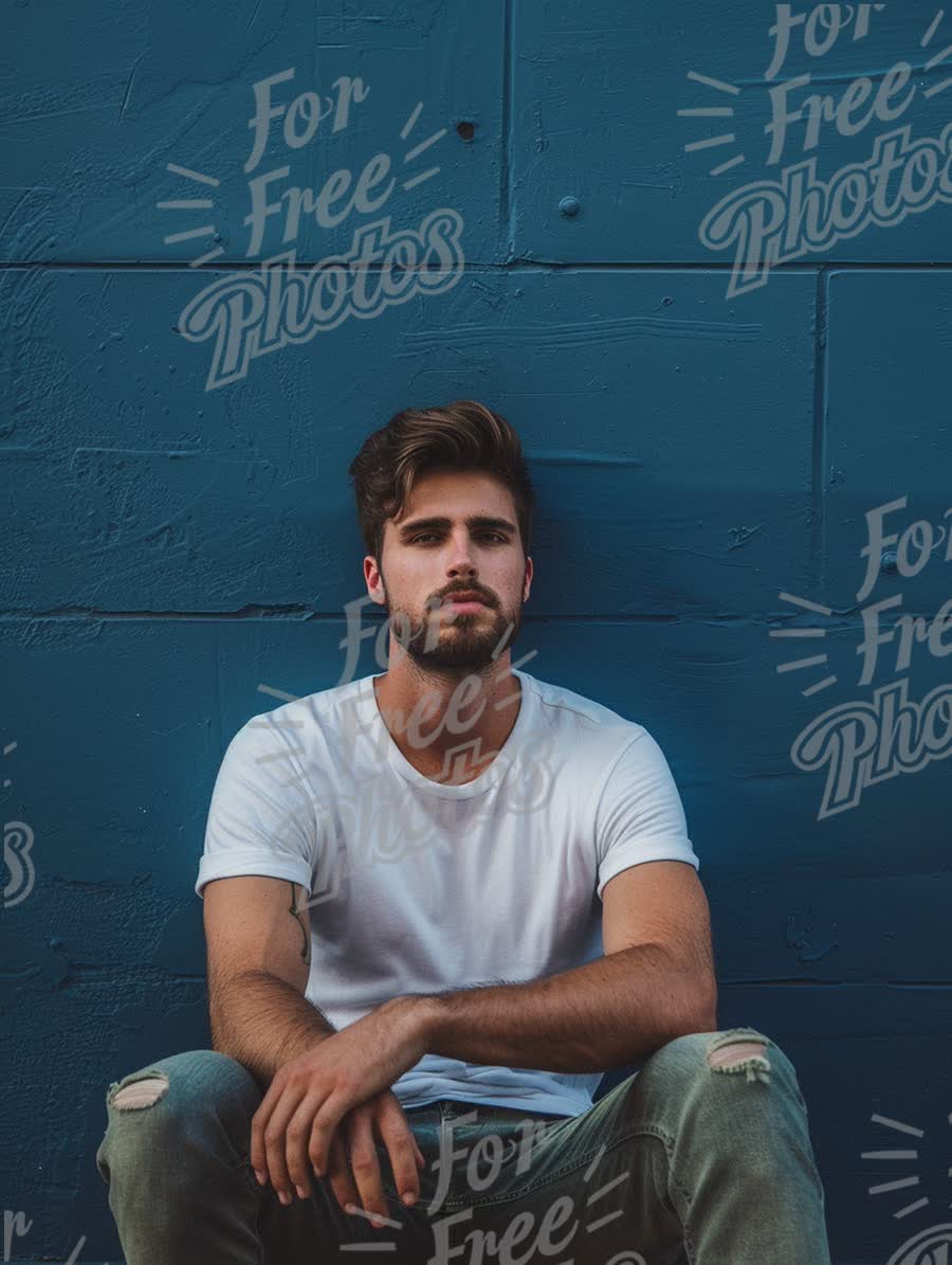 Stylish Young Man Sitting Against Blue Wall - Urban Portrait Photography