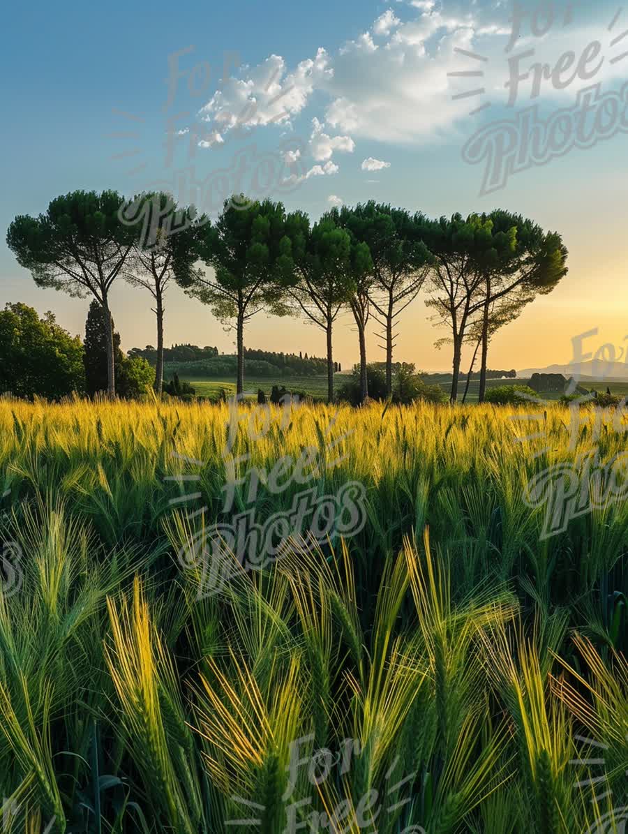 Golden Wheat Field at Sunset with Silhouetted Pine Trees