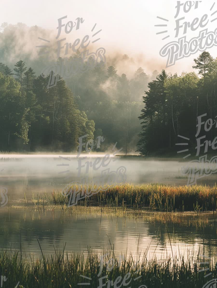 Serene Misty Lake at Dawn: Tranquil Nature Landscape with Fog and Reflections