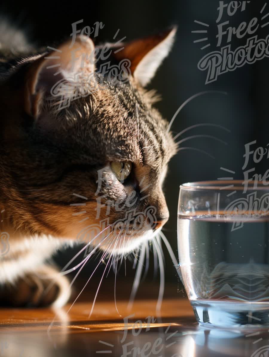 Curious Cat Gazing at Water Glass: Feline Curiosity and Reflection