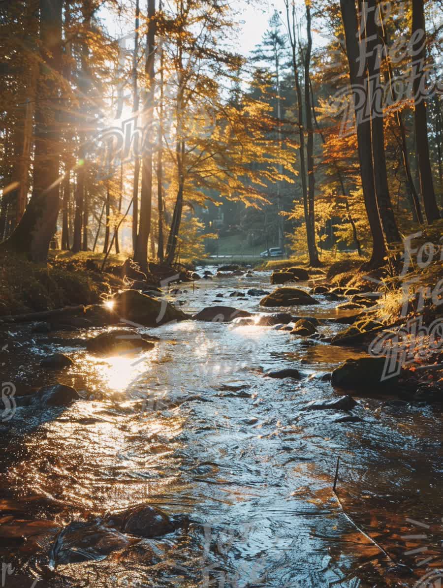 Serene Autumn Landscape with Sunlight Streaming Through Trees Over a Tranquil Stream