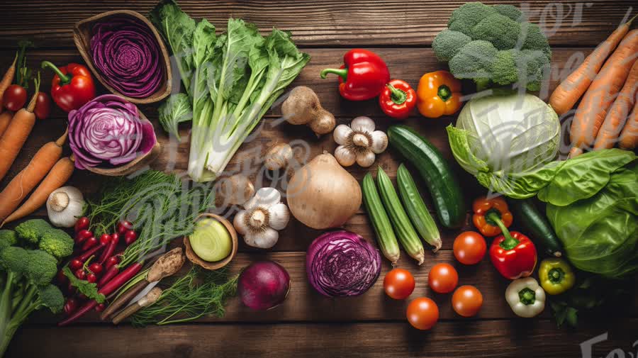 Fresh Organic Vegetables Arrangement on Rustic Wooden Table