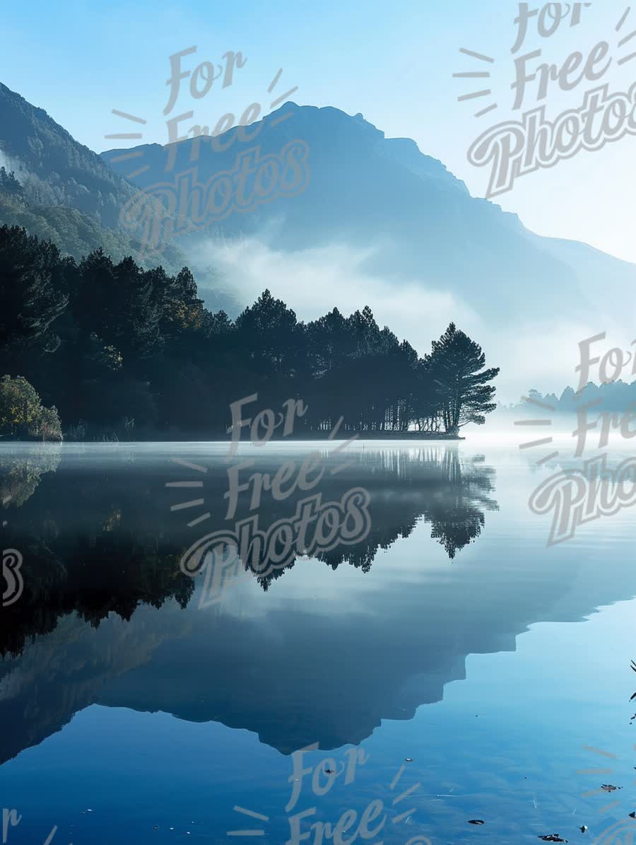 Tranquil Mountain Lake at Dawn: Serene Reflections and Misty Landscape