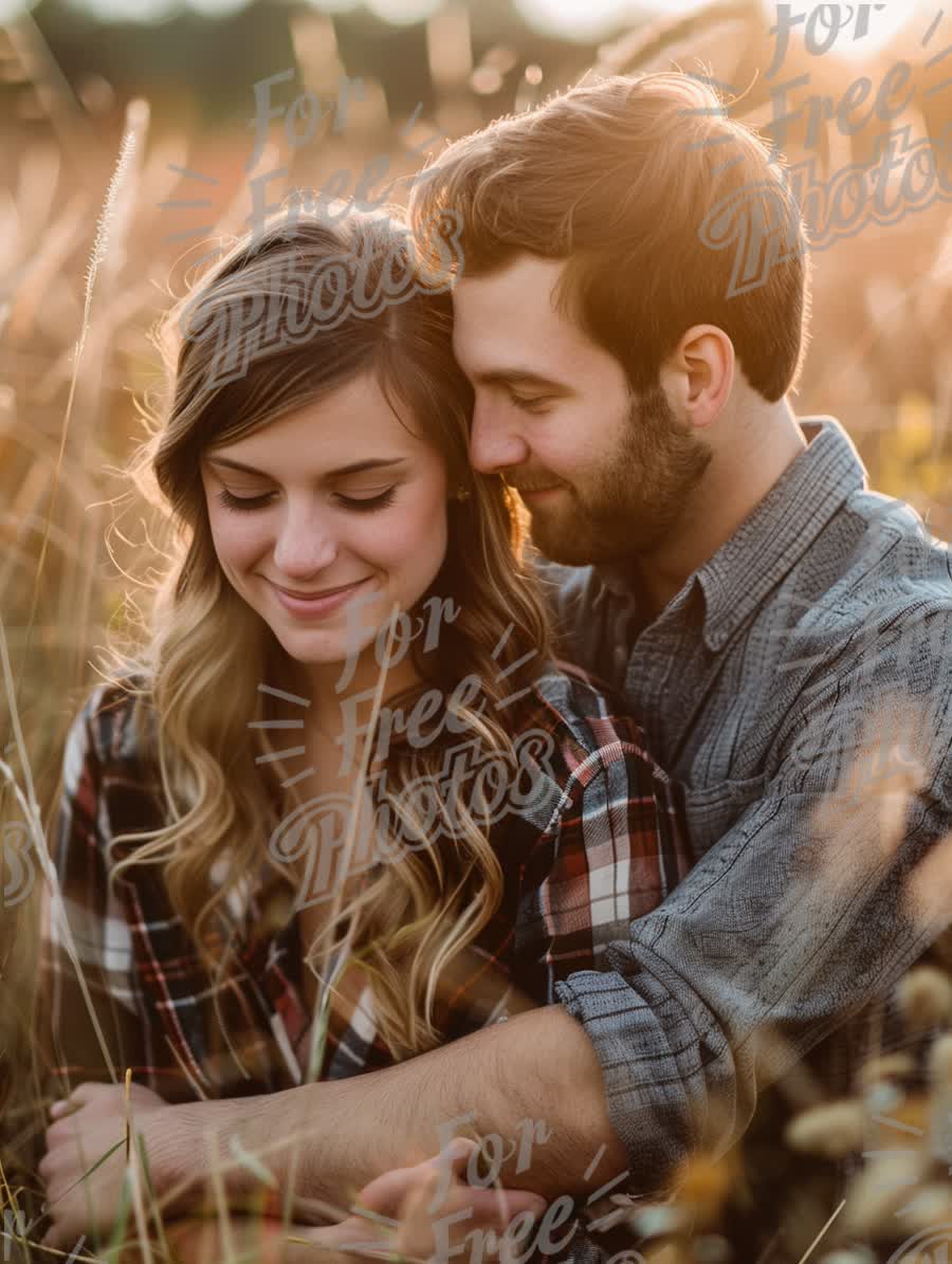 Romantic Couple Embracing in Golden Sunset Field