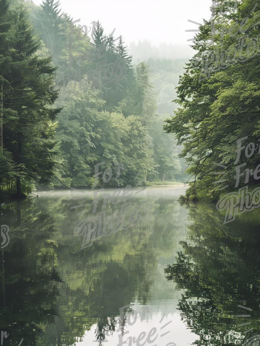 Tranquil Misty Lake Surrounded by Lush Green Forest Reflection