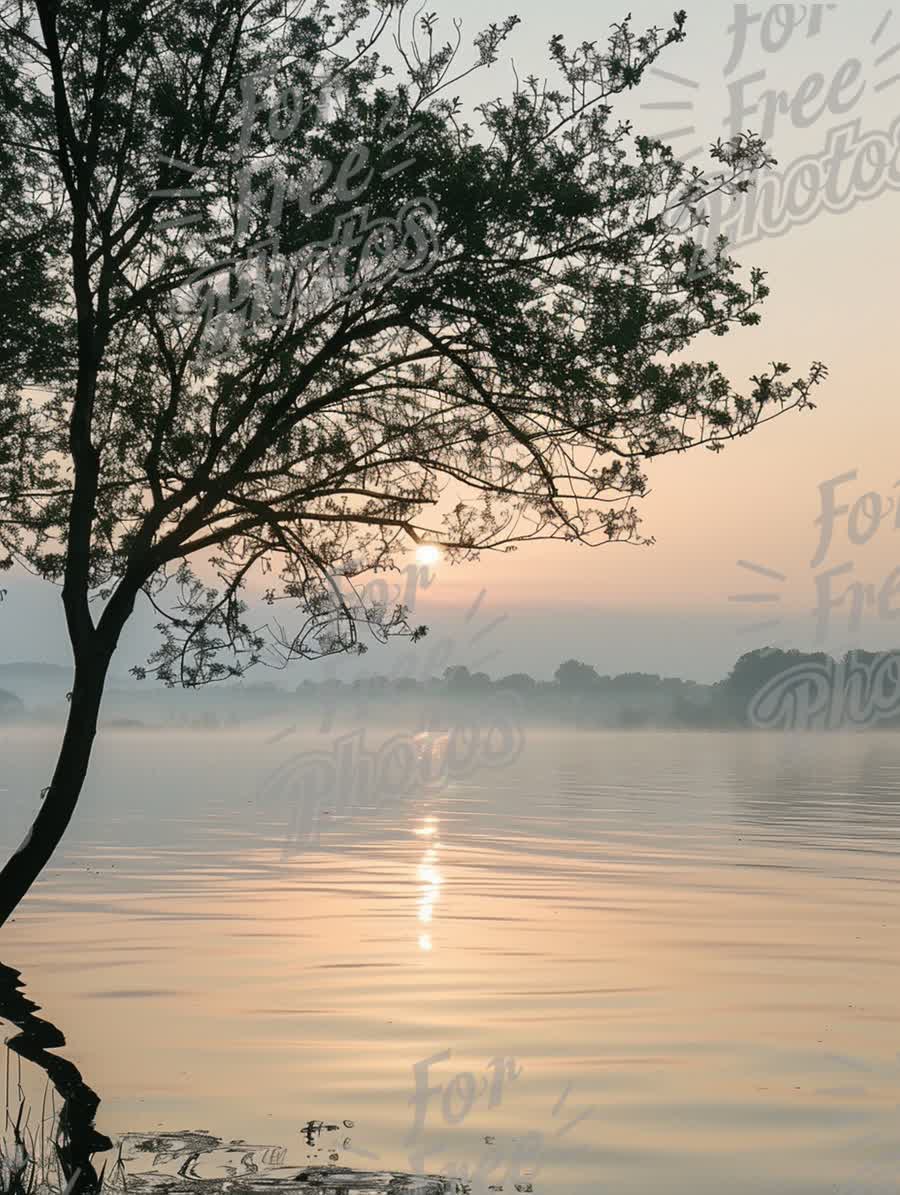 Tranquil Sunrise Over Misty Lake with Silhouetted Tree