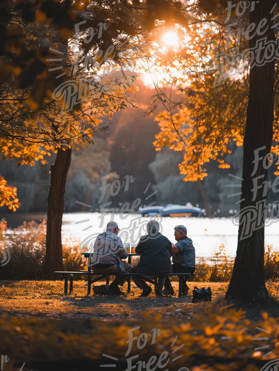 Autumn Serenity: Friends Enjoying a Sunset Picnic by the Lake