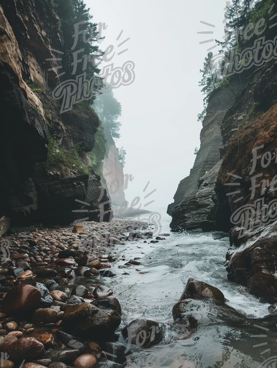 Serene Coastal Canyon: Misty River Flowing Through Rocky Cliffs