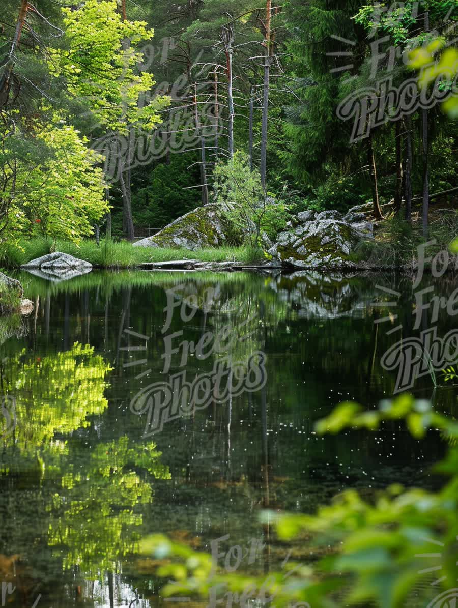 Tranquil Forest Reflection: Serene Lake Surrounded by Lush Greenery