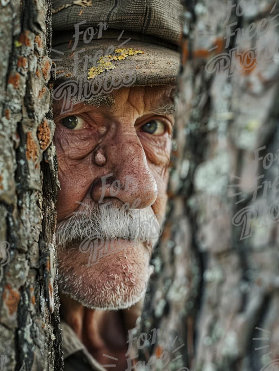 Wise Elderly Man Peering Through Tree Bark - Nature, Wisdom, and Age