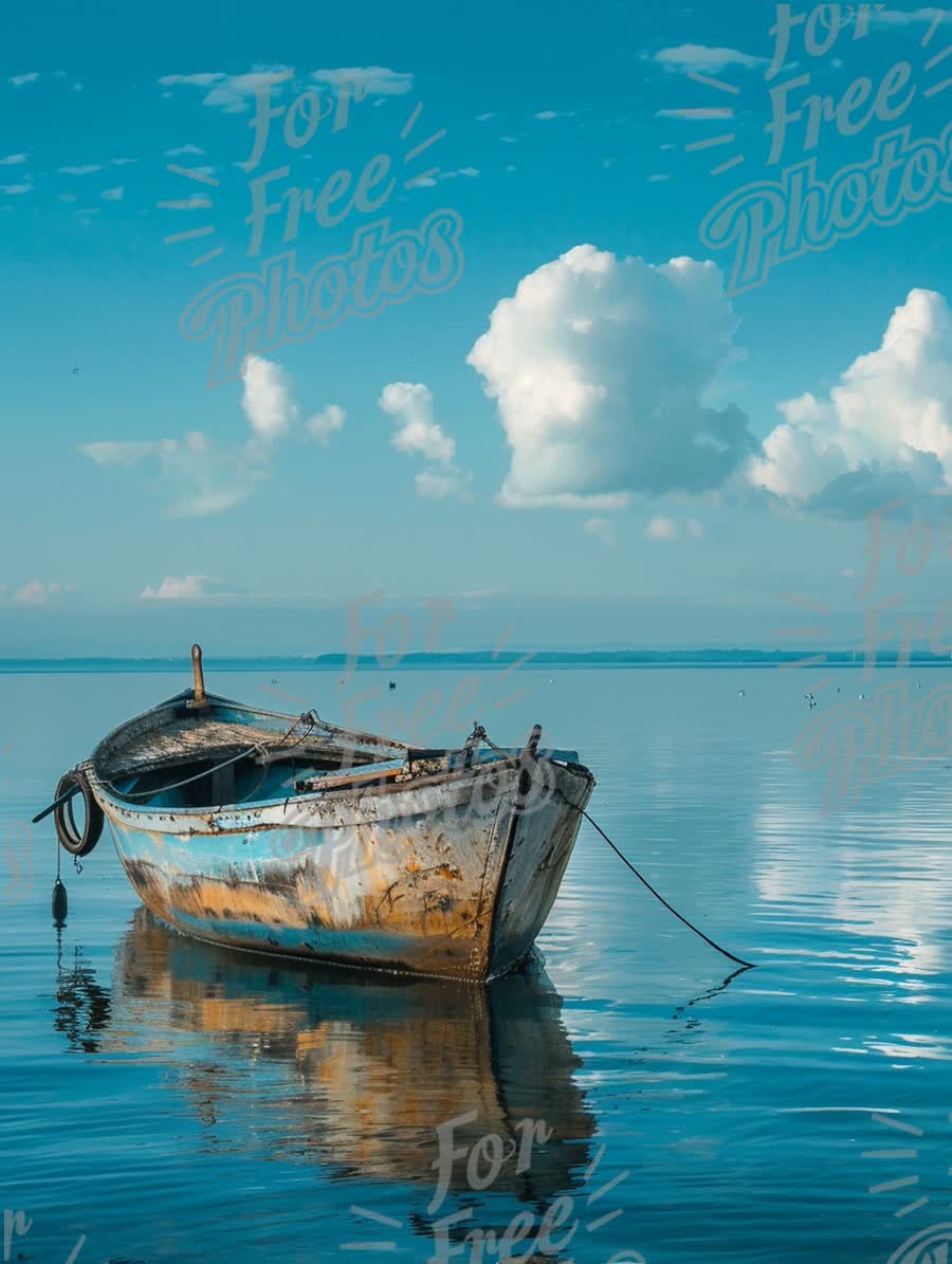 Serene Reflections: Abandoned Fishing Boat on Calm Waters