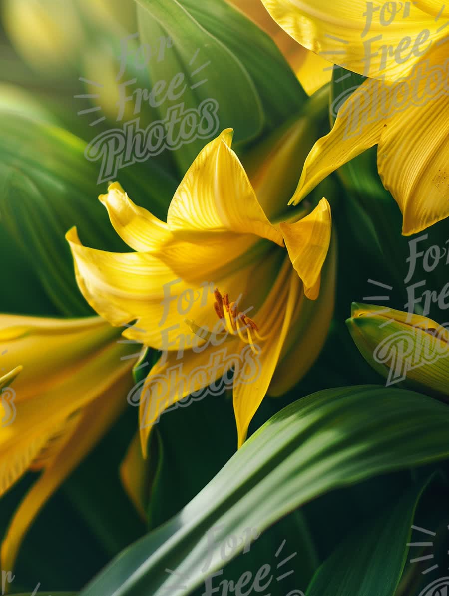 Vibrant Yellow Lily Blooms with Lush Green Leaves - Nature's Beauty