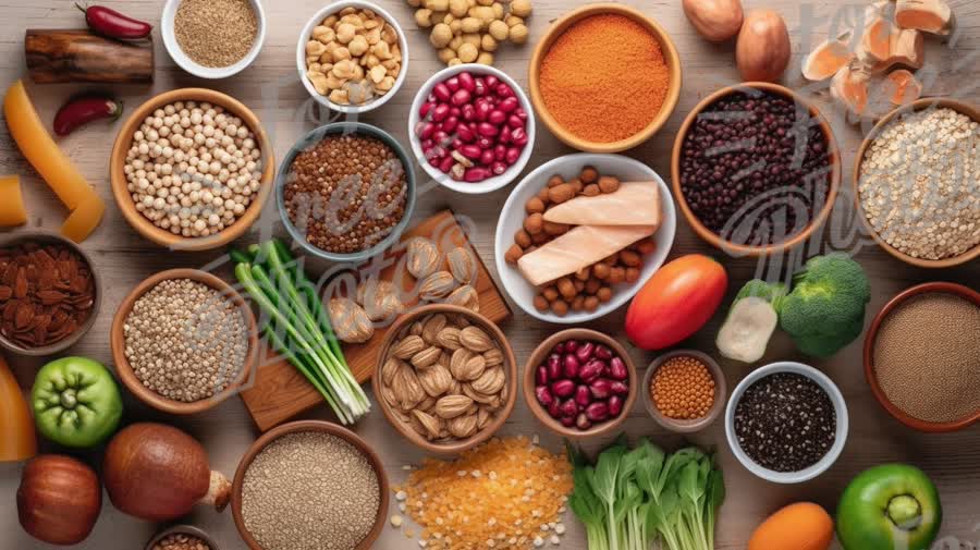 Colorful Assortment of Healthy Grains, Nuts, and Fresh Vegetables for Nutrition and Cooking