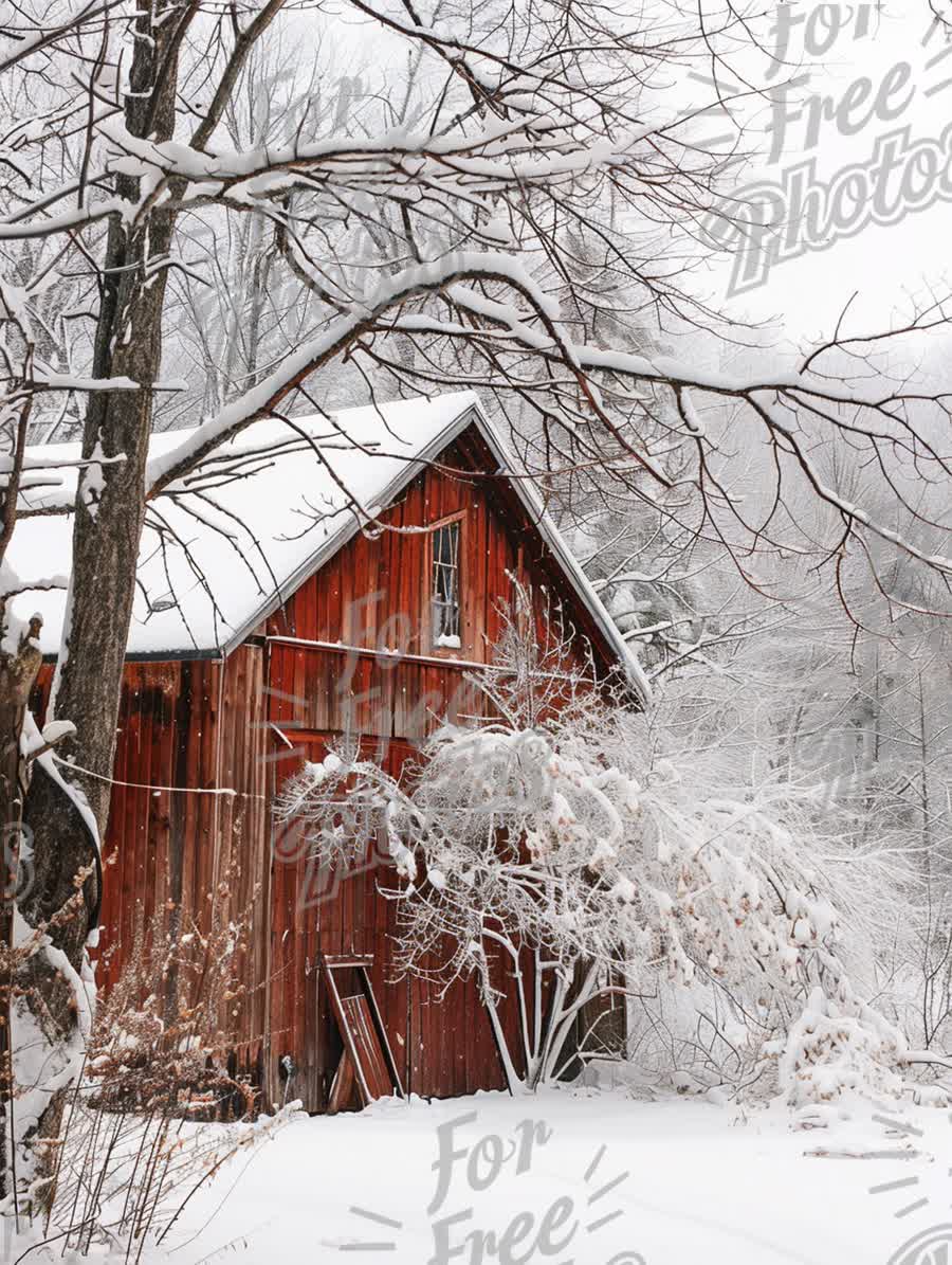 Charming Red Barn in Winter Wonderland: Snow-Covered Rustic Landscape