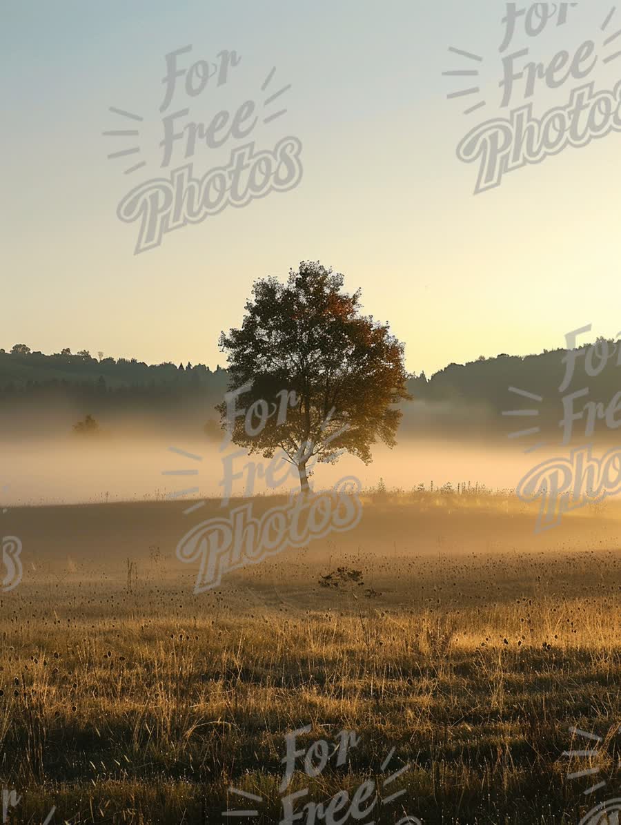 Serene Misty Landscape with Lone Tree at Sunrise