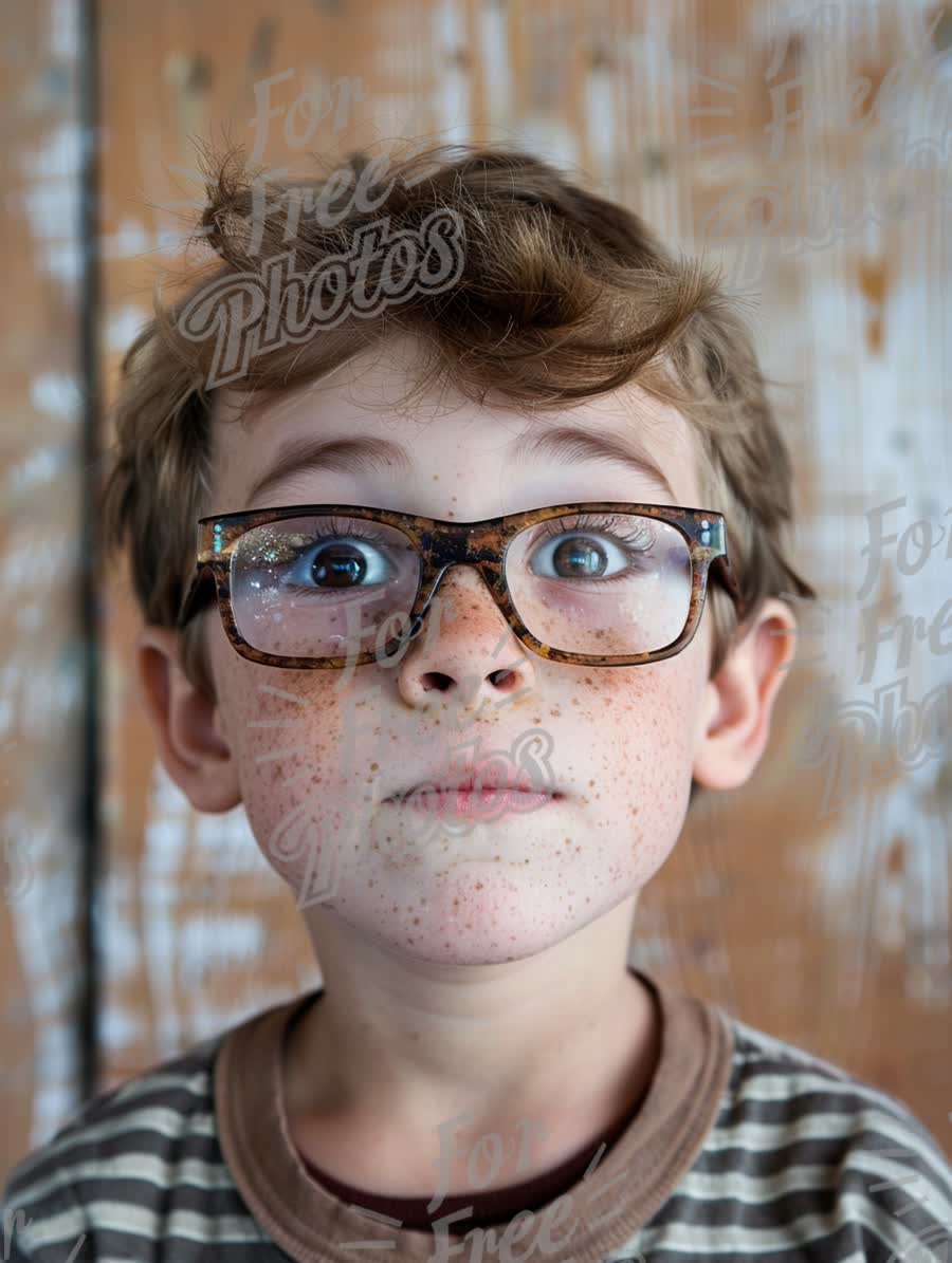 Curious Boy with Freckles and Glasses Against Rustic Background