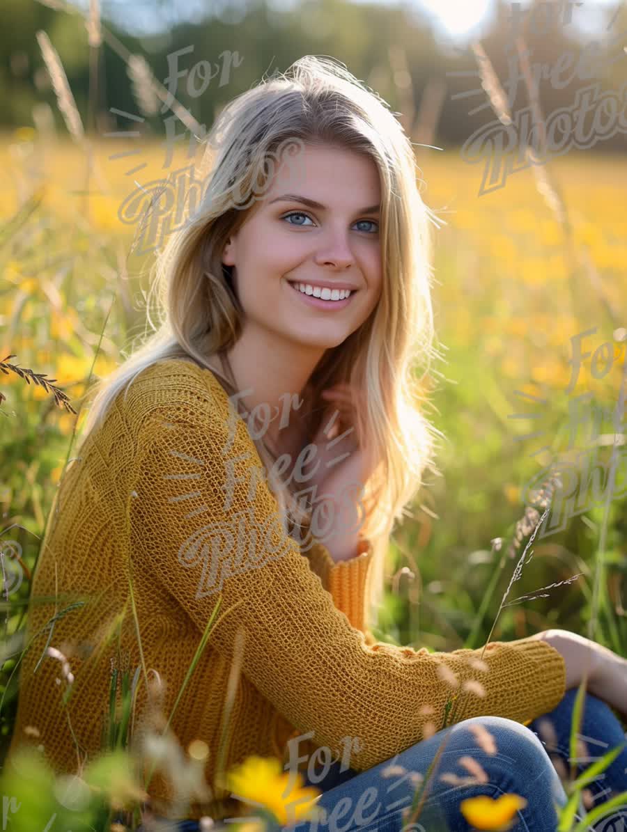 Radiant Young Woman Smiling in Sunlit Flower Field