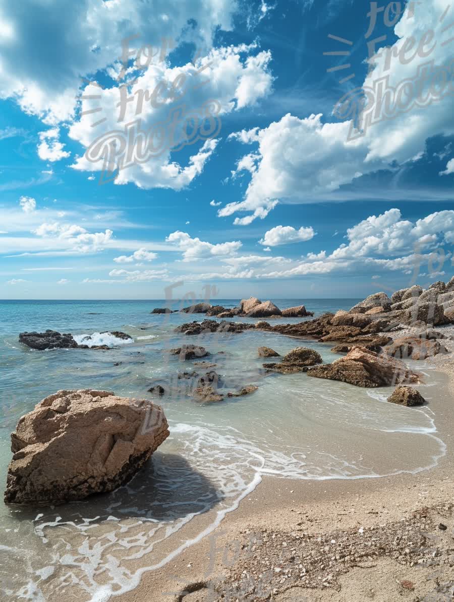 Tranquil Coastal Landscape with Clear Blue Sky and Rocky Shoreline