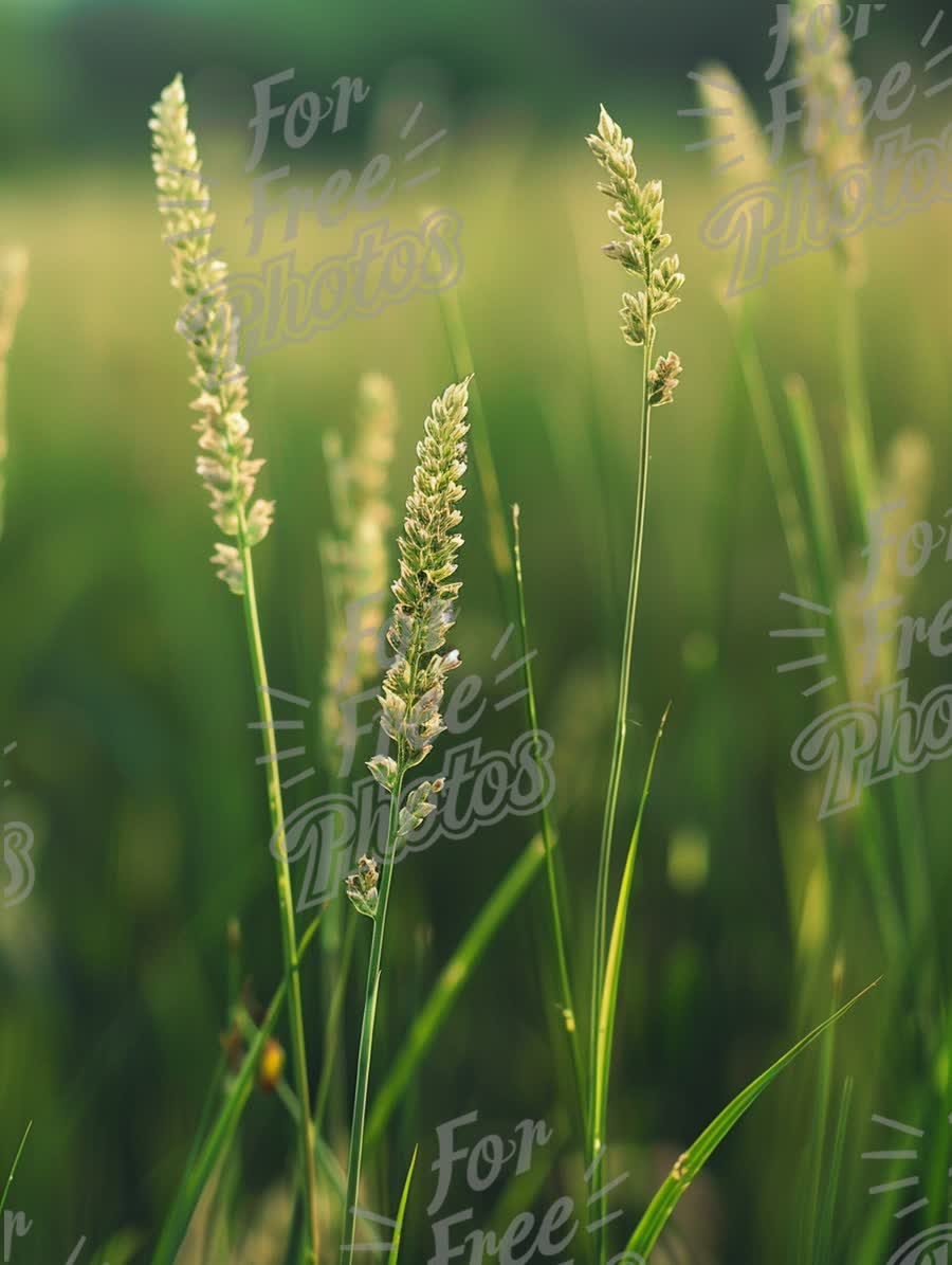 Serene Green Grass Field with Soft Focus on Wildflowers