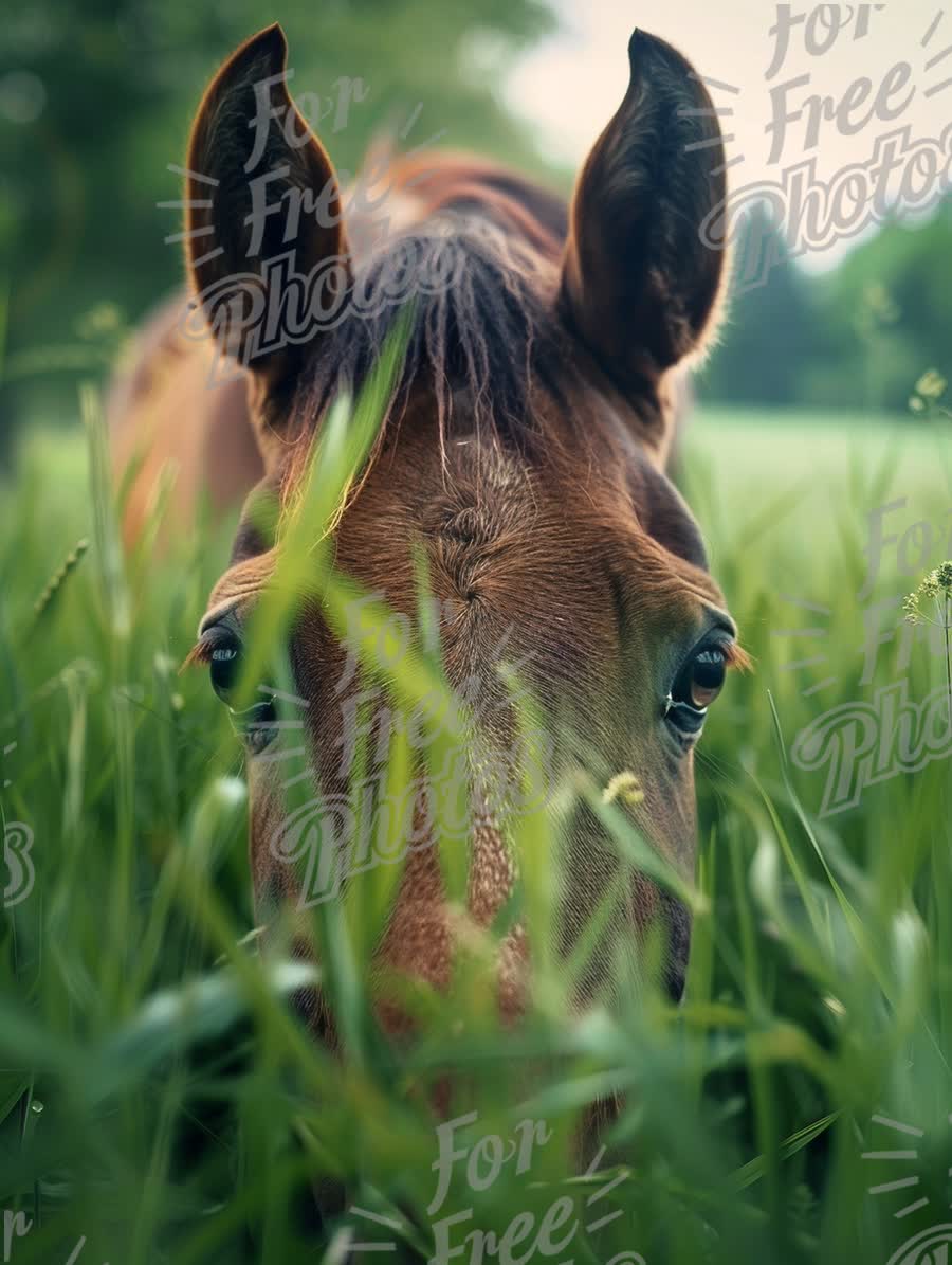 Close-Up of a Horse in Lush Green Grass - Nature and Wildlife Photography