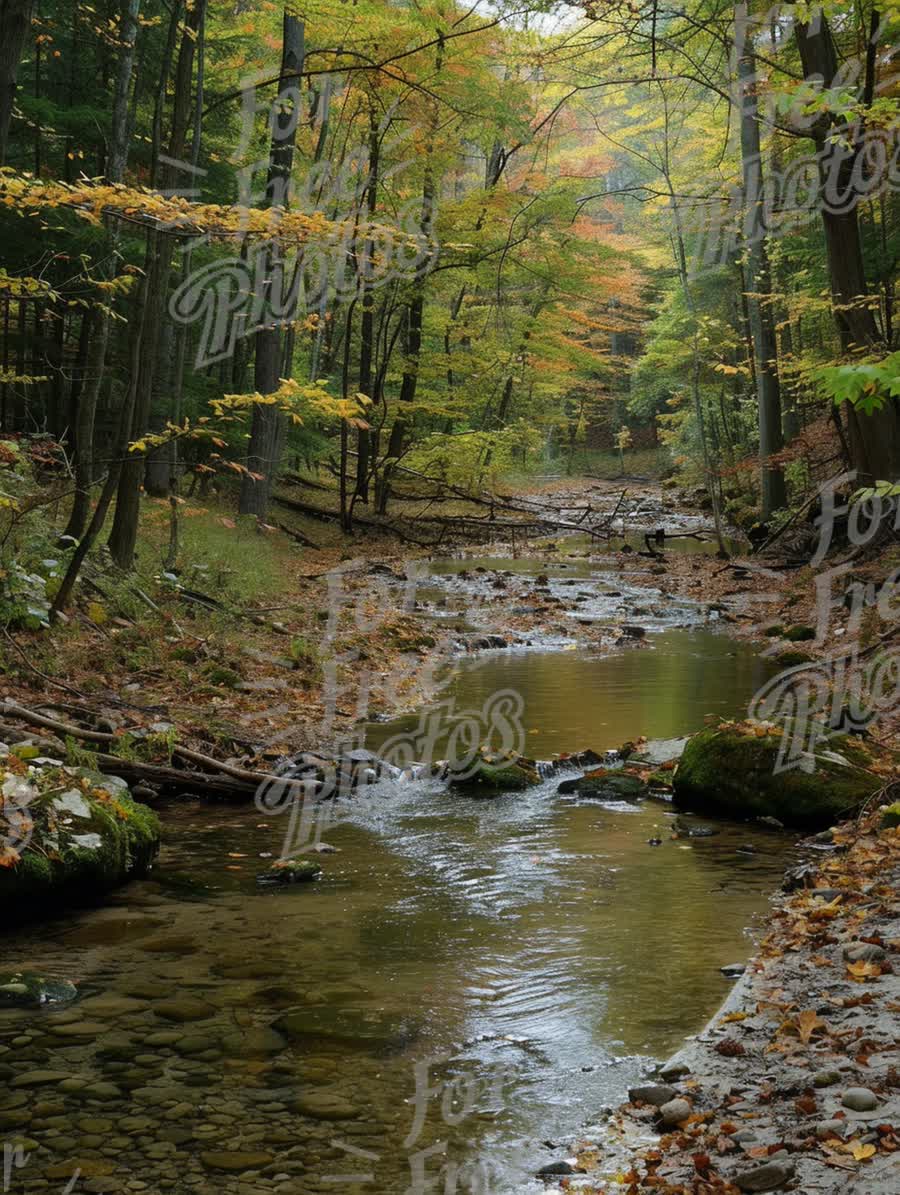 Serene Autumn Forest Stream: Tranquil Nature Scene with Colorful Foliage