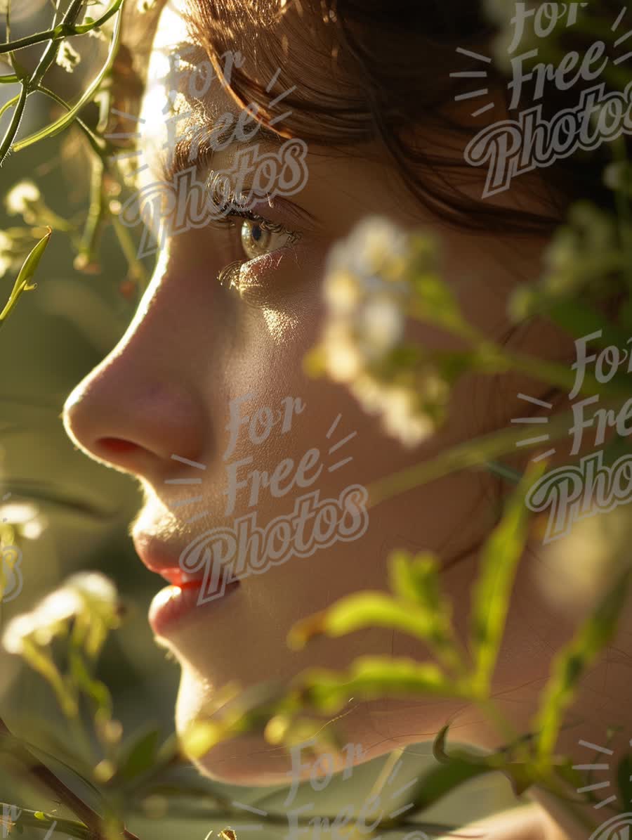 Serene Beauty in Nature: Close-Up Portrait of a Woman Surrounded by Flowers