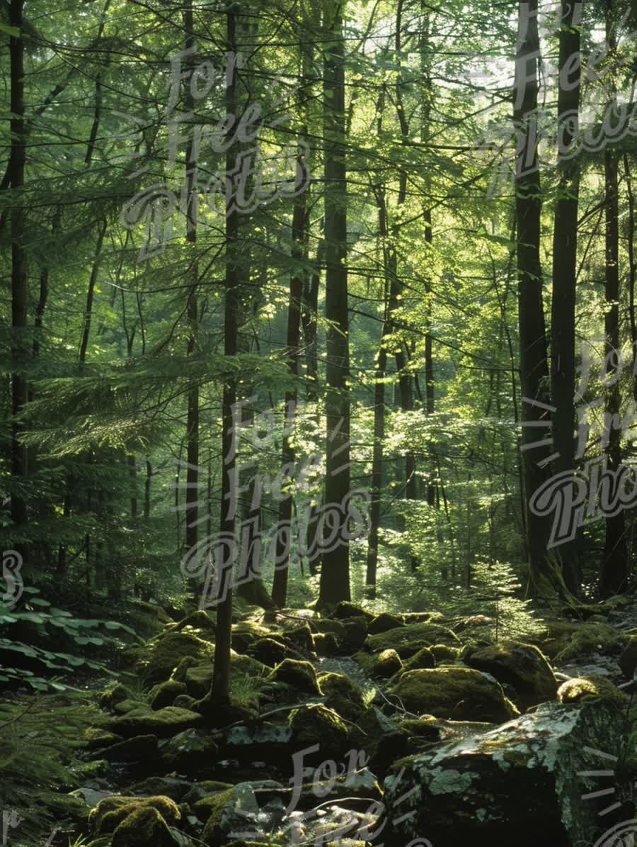 Serene Forest Landscape with Sunlight Filtering Through Trees