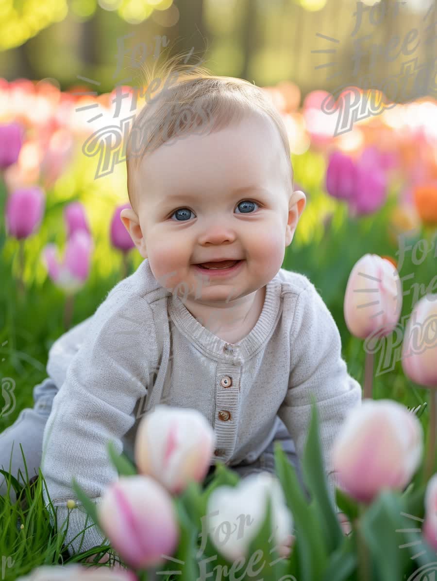 Joyful Baby Among Colorful Tulips in Spring Garden