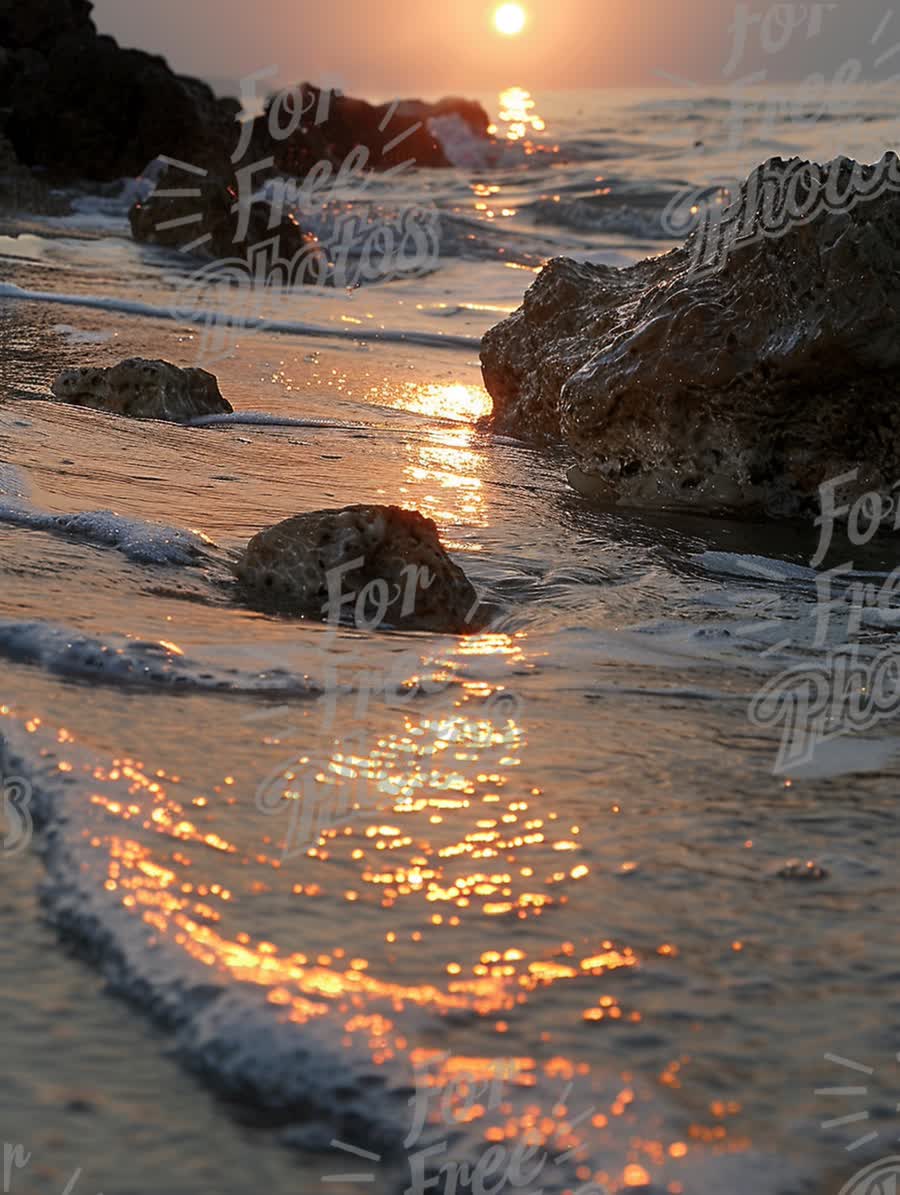 Serene Sunset Over Ocean Waves and Rocky Shoreline