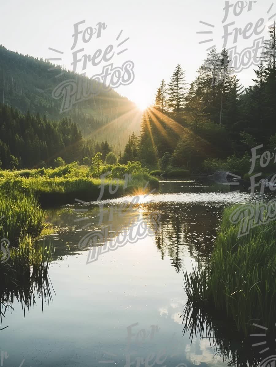 Serene Sunrise Over Tranquil Lake in Lush Forest Landscape