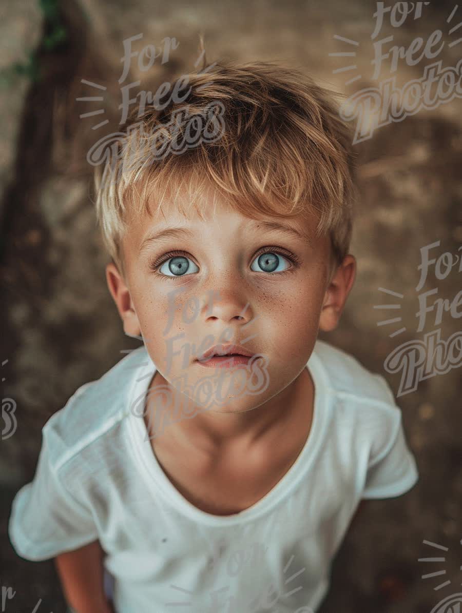 Curious Child with Bright Blue Eyes Looking Upward