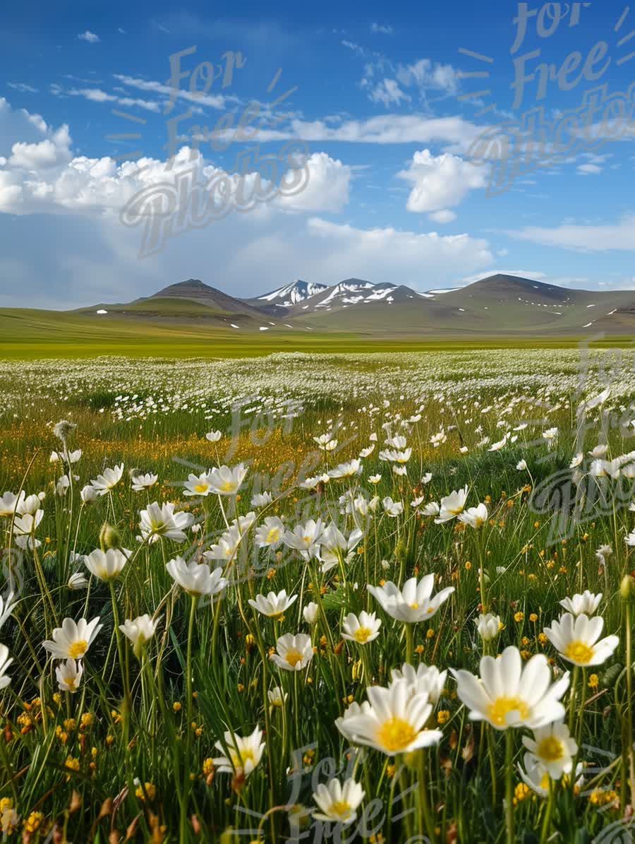 Vibrant Wildflower Meadow with Snow-Capped Mountains Under Blue Sky