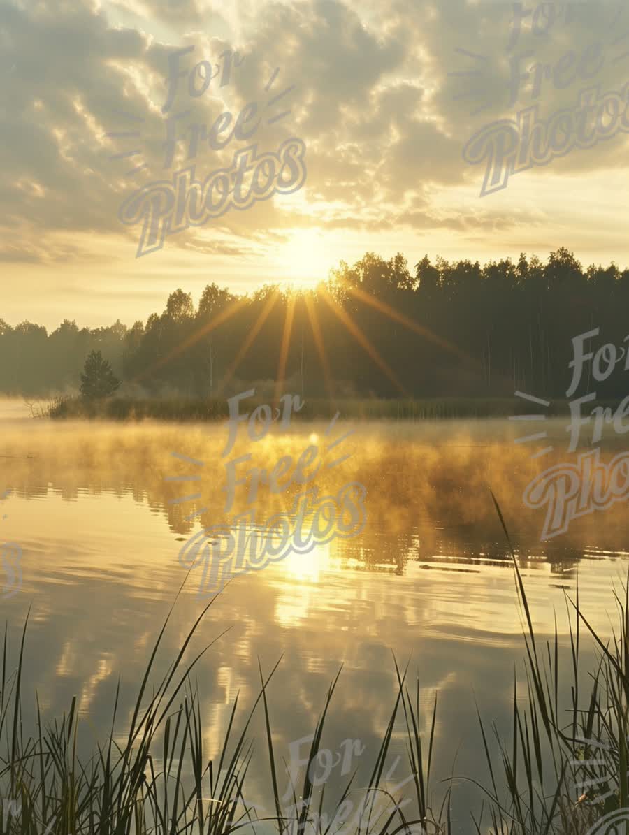 Serene Sunrise Over Misty Lake: Tranquil Nature Landscape with Reflections