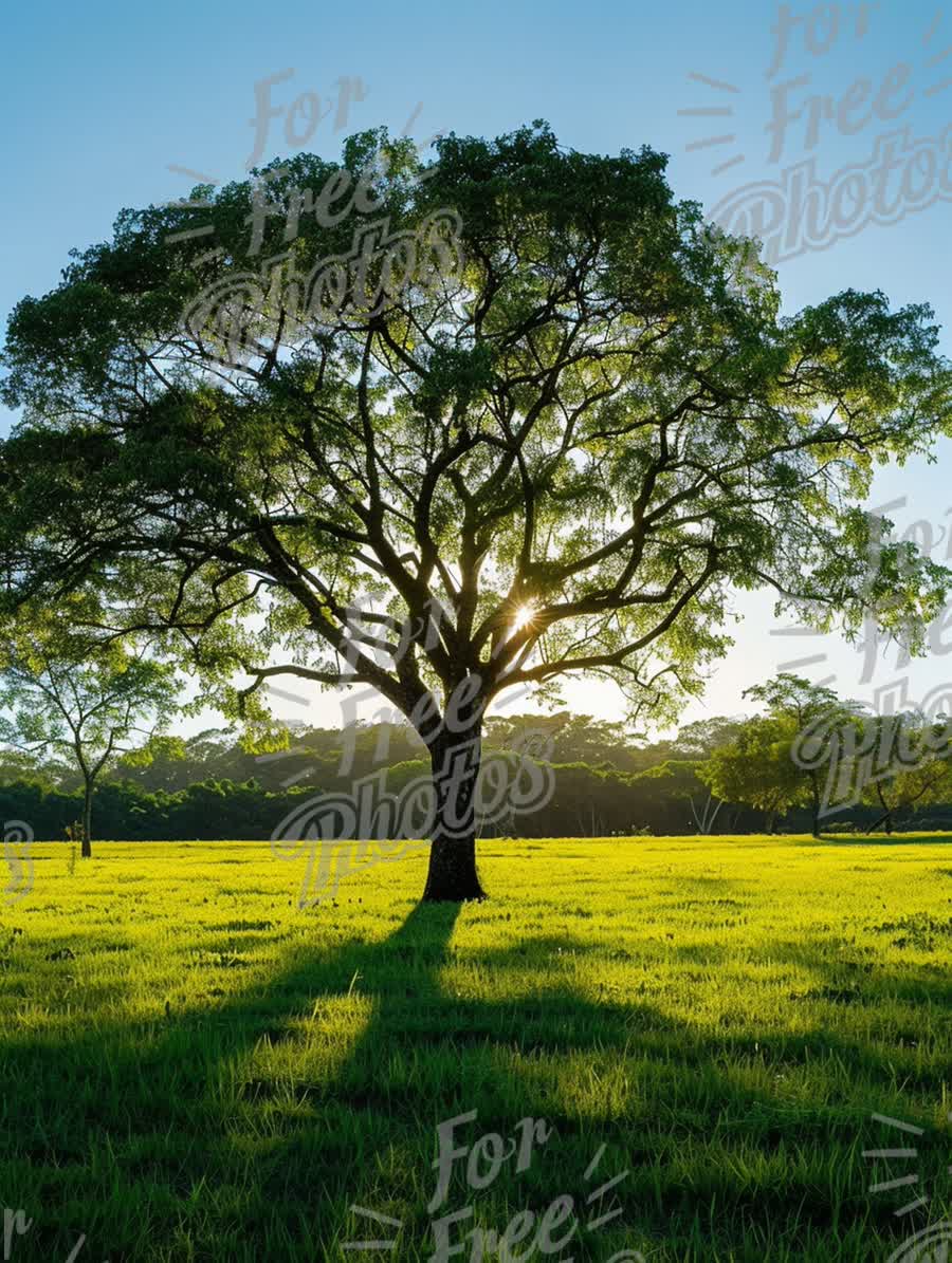 Majestic Tree Silhouette at Sunset in Lush Green Field