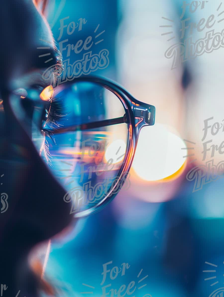 Close-Up of a Thoughtful Person with Glasses Reflecting City Lights at Dusk