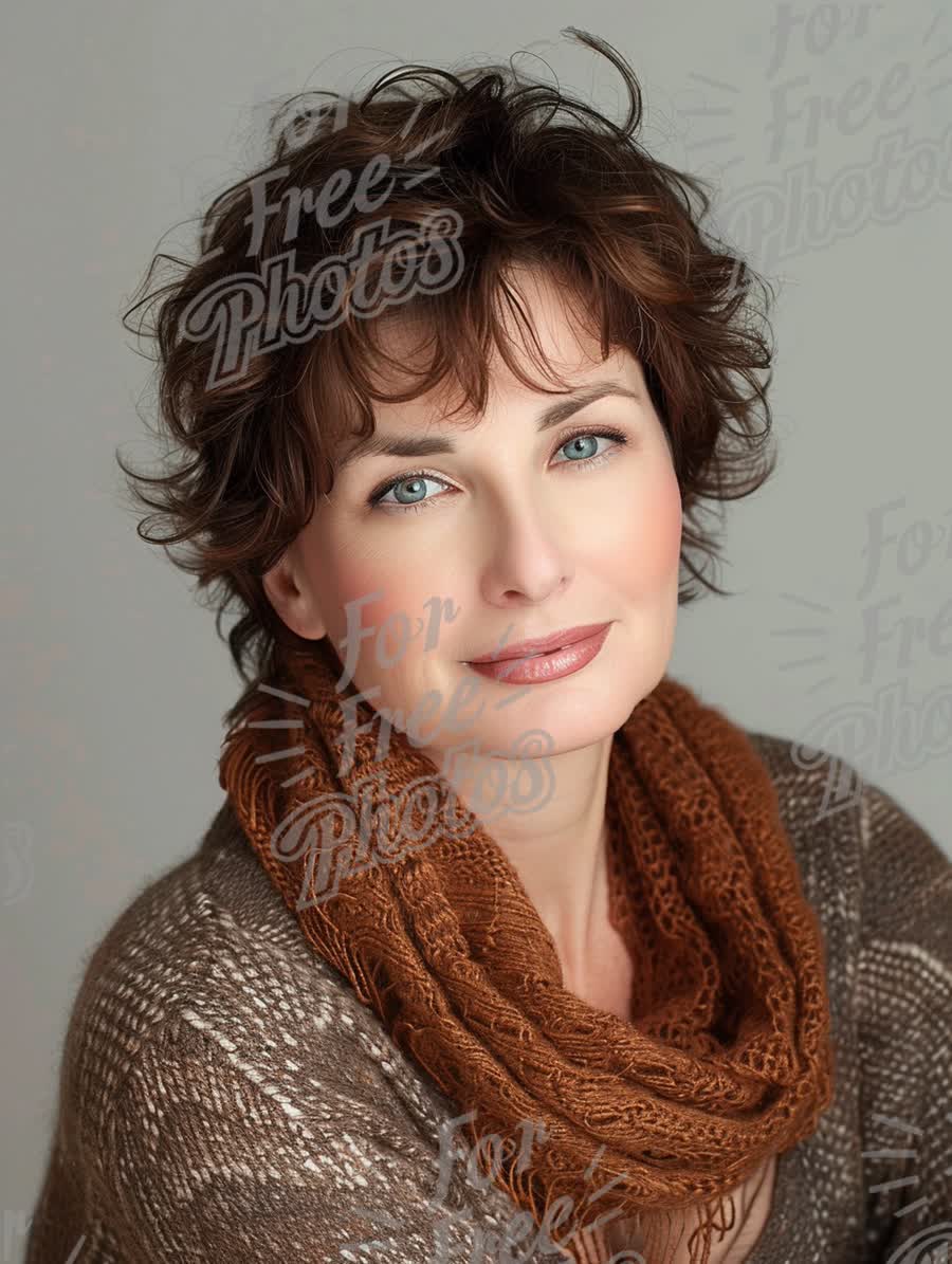 Elegant Portrait of a Woman with Short Curly Hair and Cozy Scarf