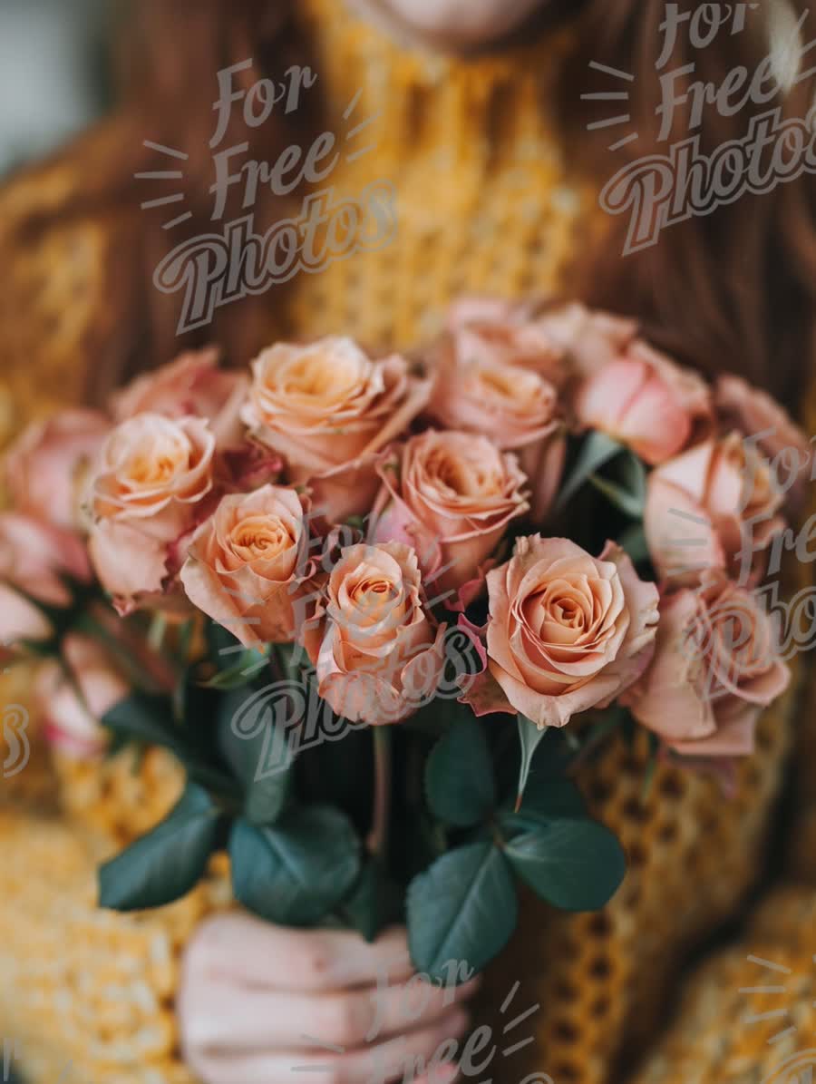 Beautiful Bouquet of Peach Roses in Cozy Knit Sweater