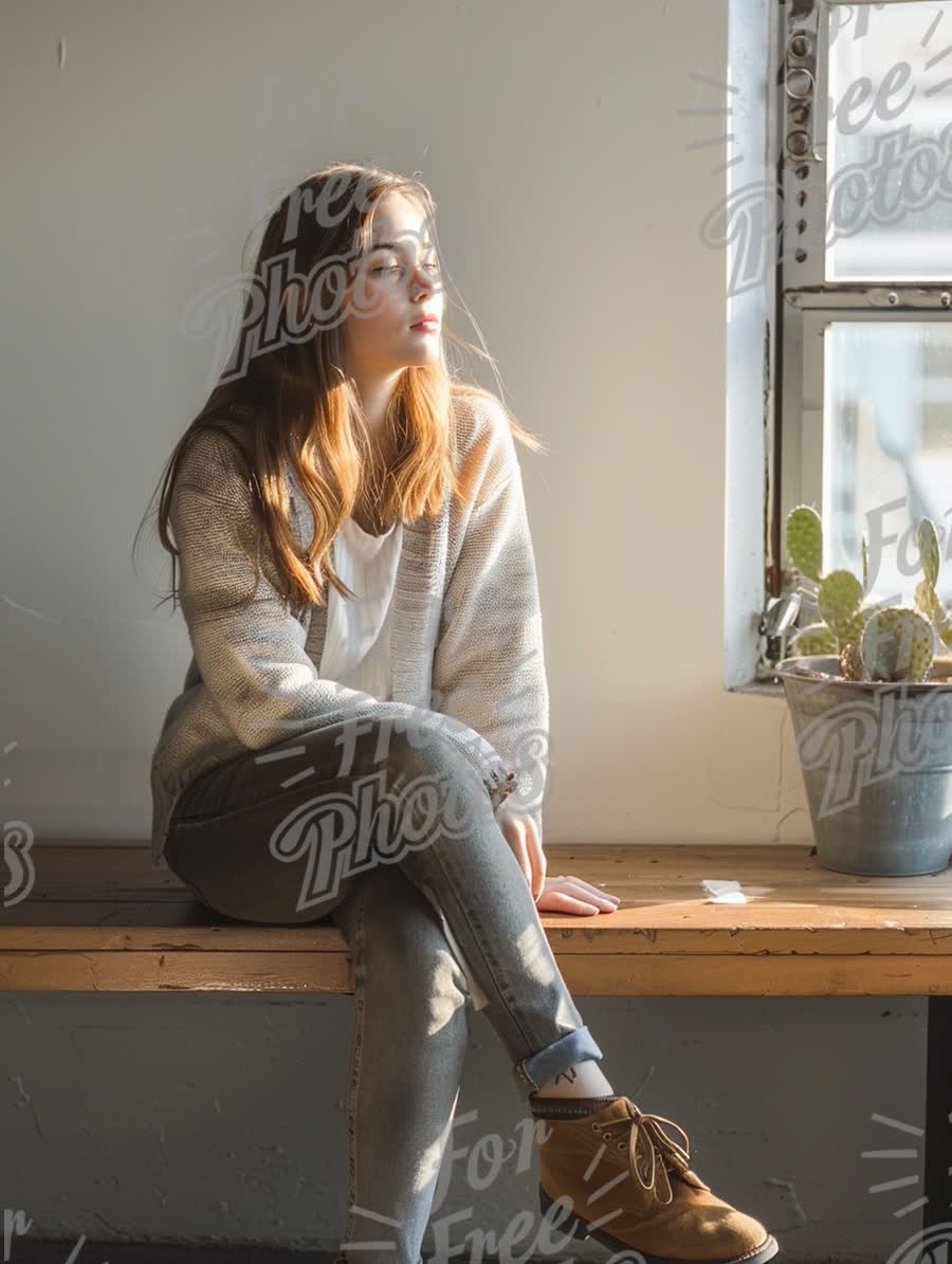 Serene Young Woman Relaxing by Sunlit Window in Cozy Sweater