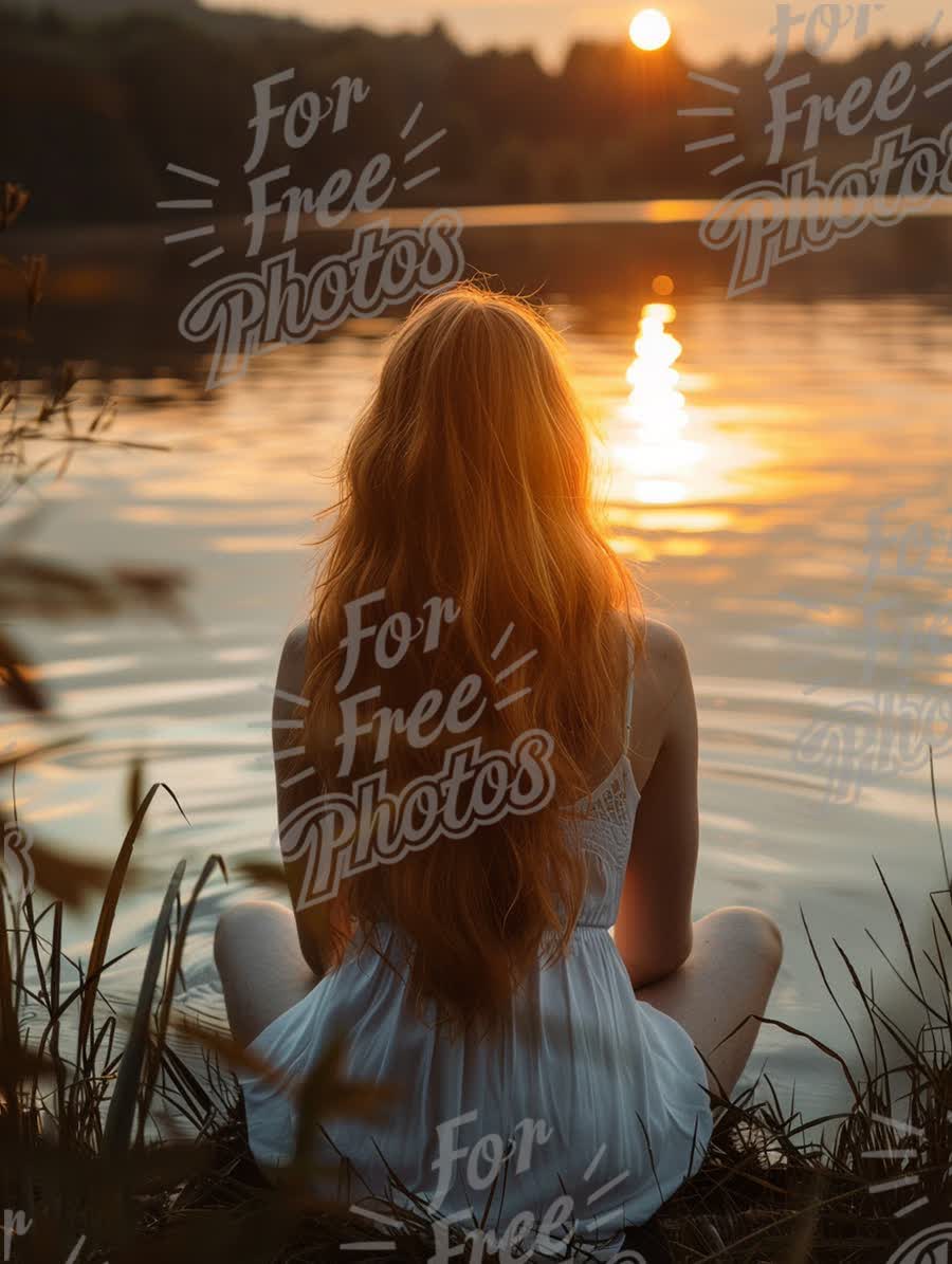 Serene Sunset Reflection: Woman Meditating by Tranquil Lake