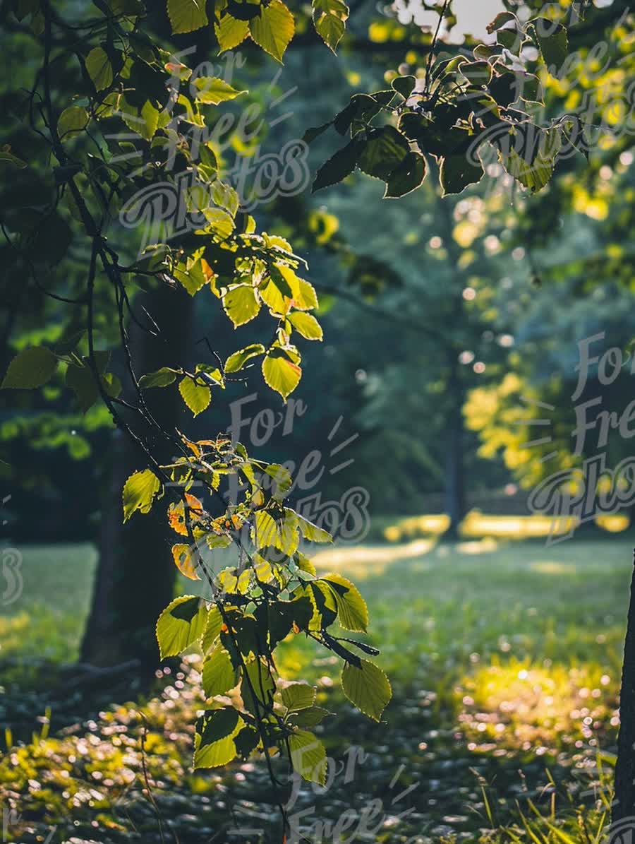 Serene Nature Scene with Sunlit Leaves in a Tranquil Park