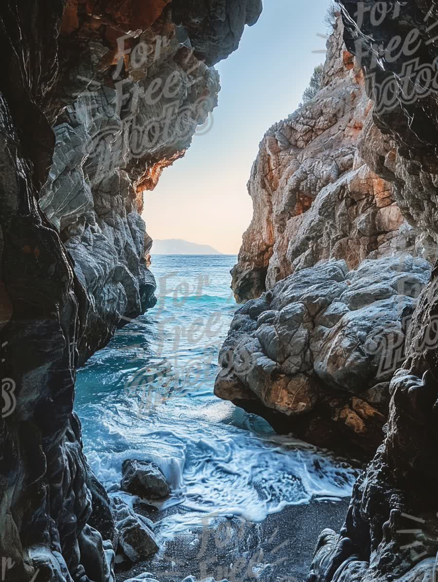 Serene Coastal Cave View with Turquoise Waters and Rocky Shoreline